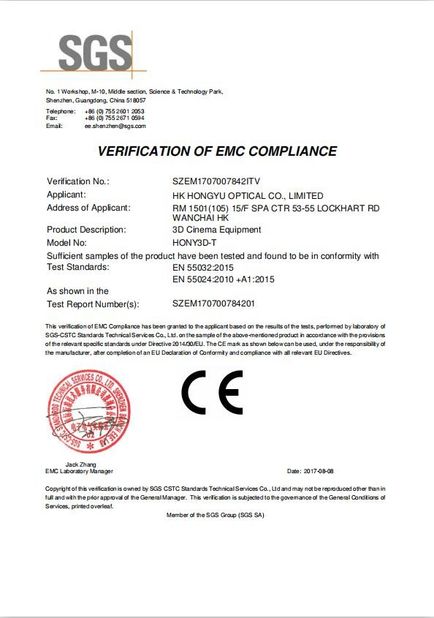 Porcellana Shenzhen HONY Optical Co., Limited Certificazioni